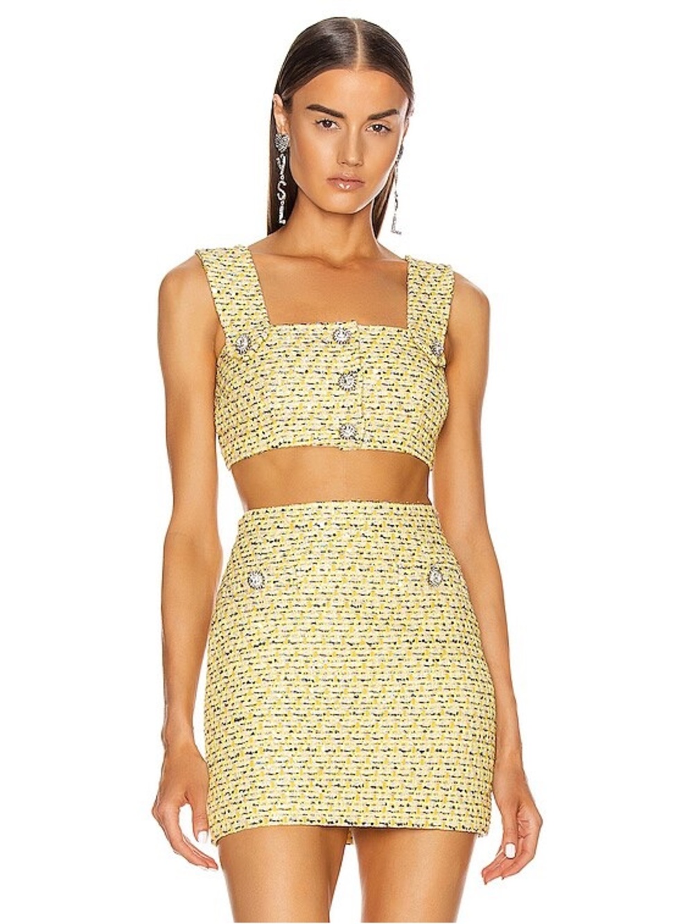 Alessandra Rich Yellow Tweed Button-Front Mini Skirt and top set - Women